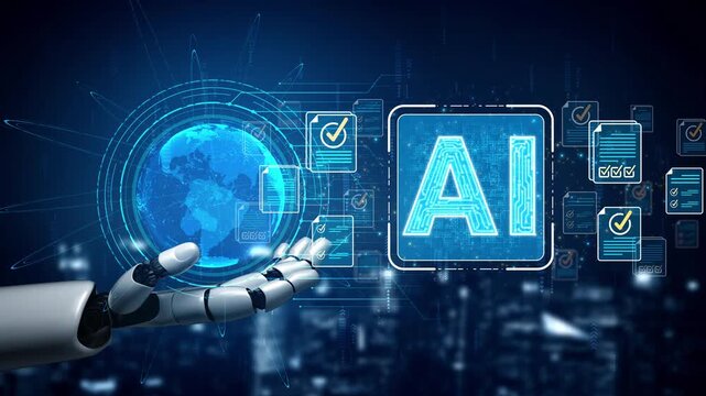 Futuristic AI Technology with Robotic Hand Interacting with Digital Data and Earth Globe in High-Tech Environment Sigmoid