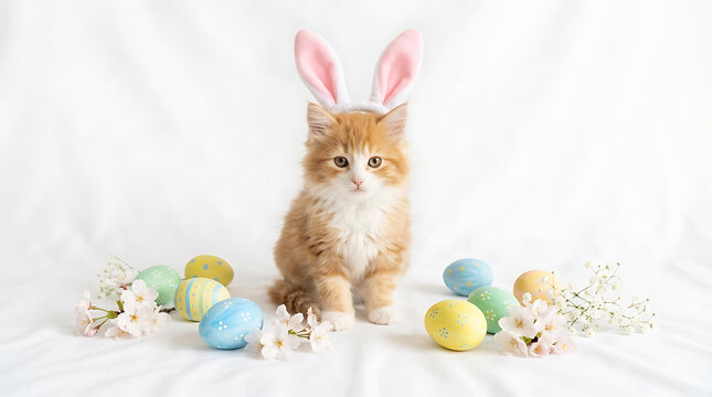 Adorable fluffy kitten wearing bunny ear headband surrounded by pastel easter egg and delicate spring blossom on white studio background