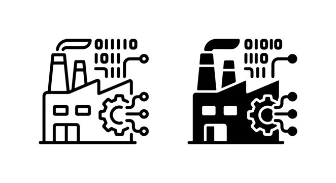 Digital Factory Icons, Industry 4.0 Automation Symbols, Smart Manufacturing Technology Concepts, Binary Code Data Flow