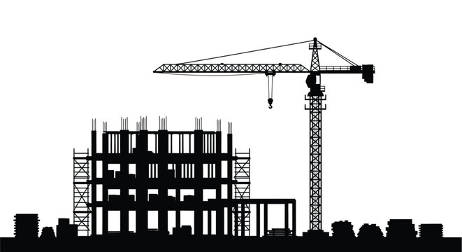Construction site silhouette with tower crane and building framework