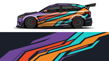 Fototapeta premium Vibrant graphic race car with bold geometric livery and dynamic angles.