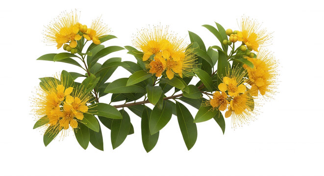 A flowering branch of golden penda, xanthostemon chrysanthus, with bright yellow pom-pom shaped flowers and dense green leaves isolated on black