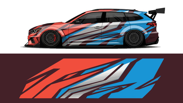 Dynamic blue and red racecar side profile with aerodynamic decals in motion.