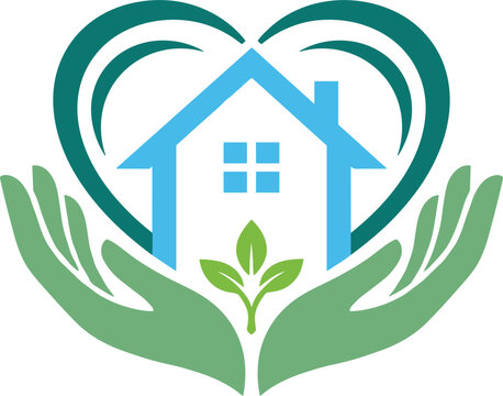 Real estate logo vector with hands holding blue home icon heart shape and green sprout