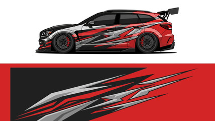 Obraz premium Dynamic red and black race car with silver tribal graphics and large rear spoiler on a sleek track car.