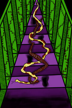 Surreal perspective corridor with intertwined snakes covered in eyes, mystical green pillars with vines, and dark footprints on purple steps