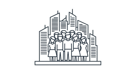 Naklejka premium Group of diverse people standing together in front of city buildings.