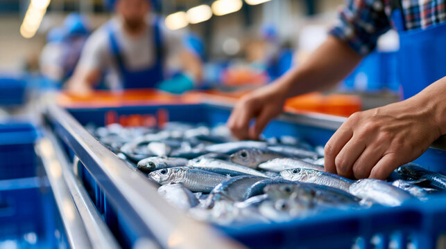 Fishery processing worker sorting fresh fish by hand on a commercial sorting table with conveyor belt, seafood quality control and fish processing concept, commercial fishery