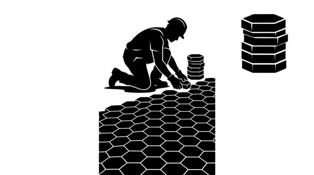 A construction worker installing hexagonal paving stones on a ground surface.