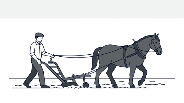 A farmer guiding a horse pulling a traditional plow through a field.