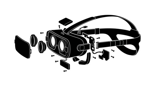 Exploded view diagram of a virtual reality headset showing internal components.