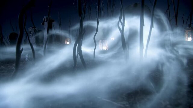 Haunting Fog Among Ancient Trees. Ghostly Vapor Winds Through Twisted Woods And Glowing Lanterns