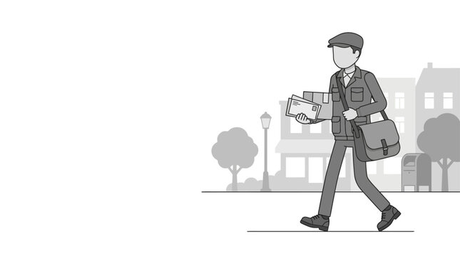 A line art illustration of a mail carrier walking while holding a stack of letters.
