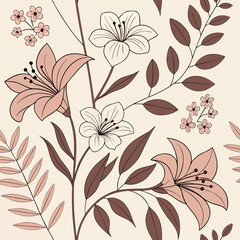 Bohemian seamless floral pattern featuring stylized retro blooms and botanical leaves in muted earth tones. Ideal for textile, wallpaper, and apparel. © PIC 