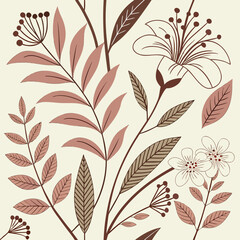 Bohemian seamless floral pattern featuring stylized retro blooms and botanical leaves in muted earth tones. Ideal for textile, wallpaper, and apparel. © PIC 