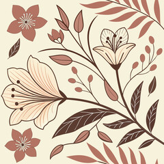 Bohemian seamless floral pattern featuring stylized retro blooms and botanical leaves in muted earth tones. Ideal for textile, wallpaper, and apparel. © PIC 