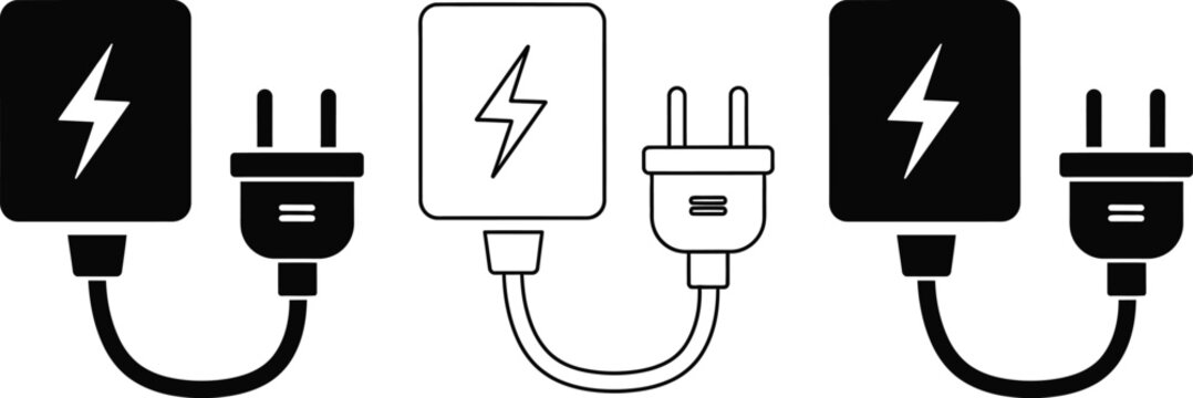 Electrical plugs and power adapters with lightning bolt symbol power adapter plug in power up black and white electrical electricity connection technology equipment