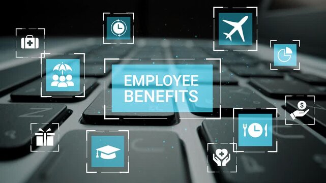 Employee Benefits Icons on Laptop Keyboard with Various Popular Concepts Represented in Business and Corporate Settings Gluon.