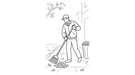 Obraz premium A man wearing a cap and jacket sweeping fallen leaves with a broom.