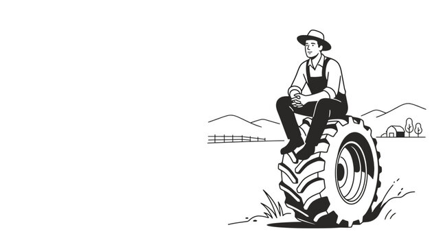 A black and white sketch of a farmer sitting on a large tractor tire.