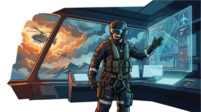 Tactical military commander in modern combat uniform operating advanced digital surveillance system.