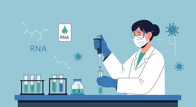 Scientist in lab coat and mask performing RNA research with test tubes and molecular structures