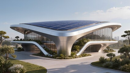 Fototapeta premium Futuristic Sustainable Office Building with Solar Panels