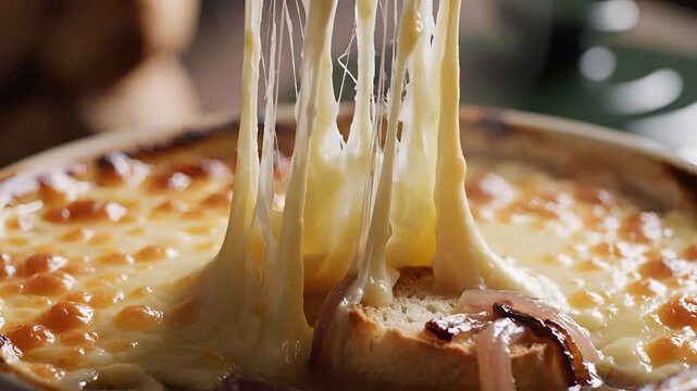 Delicious Baked Cheese Dish with Caramelized Onions and Bread.