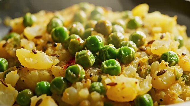 Delicious Indian Aloo Matar dish with fresh green peas and potatoes.