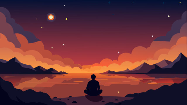 Meditation landscape, serene vector sunset, peaceful nature scenery, yoga background