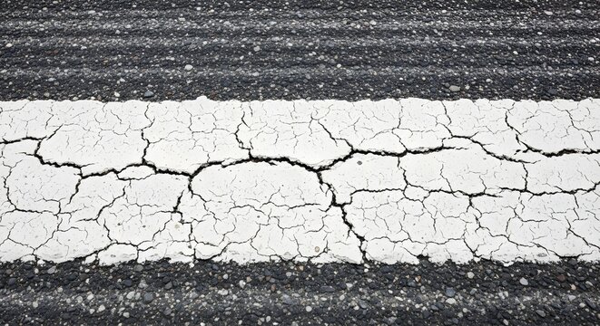 Close-up of a severely cracked white road line on textured dark asphalt, highlighting the detailed patterns of wear and damage on the worn pavement surface