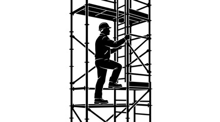 Silhouette of a construction worker climbing a metal scaffolding structure. © Chasma_Kamalia