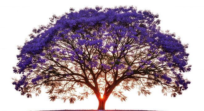 A large jacaranda tree with vibrant purple flowers and glowing orange branches isolated against a solid black background