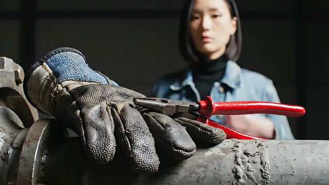 Close-up of industrial pliers and a worn work glove resting on a metal pipe. A female technician stands in the blurred background of a dark workshop. Manual labor and maintenance service concept.