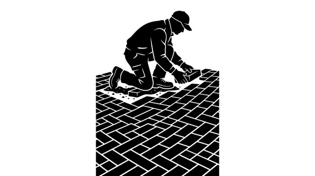 A skilled worker meticulously laying down interlocking brick pavers on a construction site.