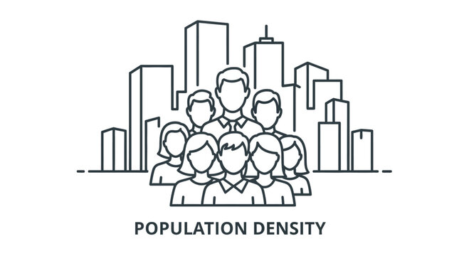 Outline illustration representing urban population density with group of people in front of city skyline.