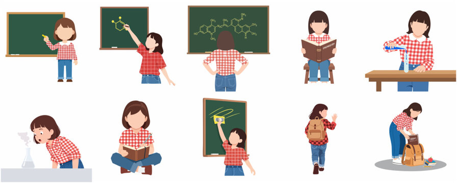 Schoolgirl student character set for education and science theme featuring various activities like writing on blackboard, reading chemistry books, and conducting experiments.