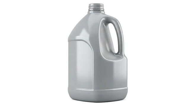 A large grey plastic jug for liquid storage with a handle for easy carrying and a screw cap for secure closure. 1 gallon  jug