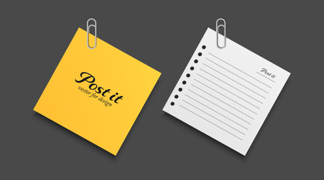 Realistic vector post it notes with paper clips isolated on dark background yellow blank sticky note and white lined paper notebook page with binder clips, vector 3d illustration isolated for design