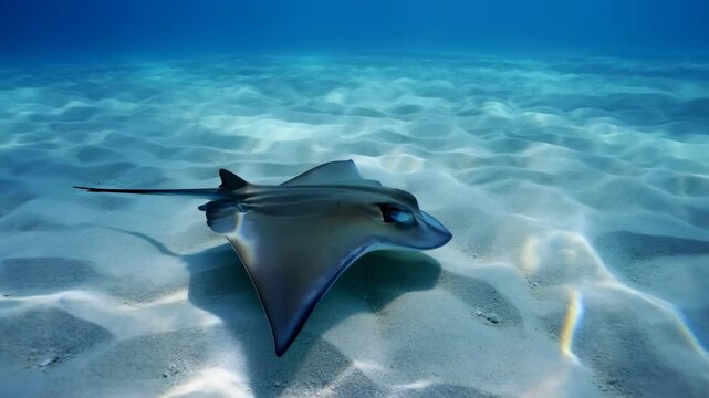 Peaceful Marine Environment Featuring Solitary Stingray Amidst Gentle Ripples And Bright Sunlight