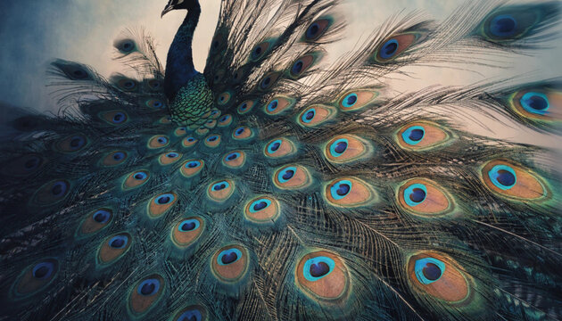 Dramatic Low Angle View of a Peacock Displaying Elegant Feather Train in Moody Ethereal Atmosphere
