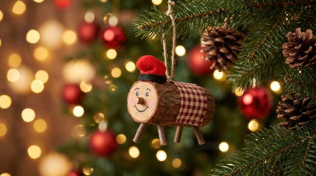 Traditional Caga Ti&oacute; ornament hanging on a festive Christmas tree adorned with pinecones and red baubles. Represents unique Catalan and Spanish holiday spirit, cultural celebration, and seasonal joy.