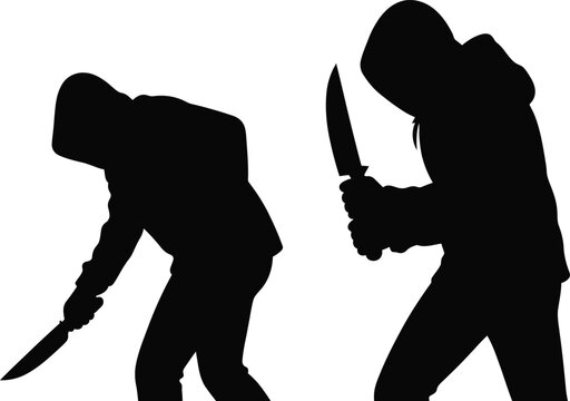 Two hooded figures with knives in aggressive postures isolated on transparent background