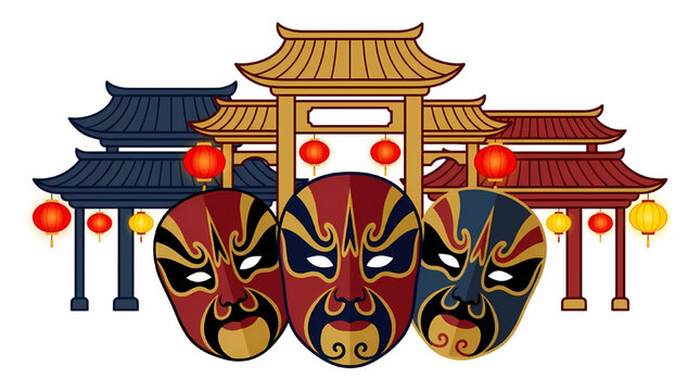 Traditional opera masks with red lantern and temple gate