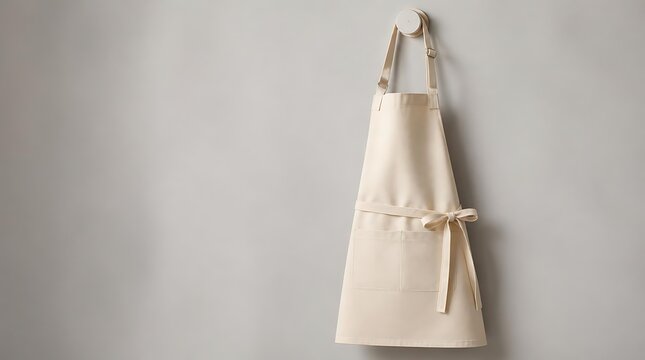 Cream-colored apron hanging on a wall, simple and elegant kitchen accessory.