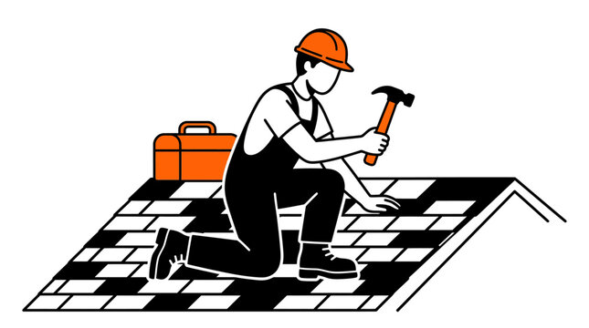 A professional roofer kneeling on a house roof while hammering shingles into place.