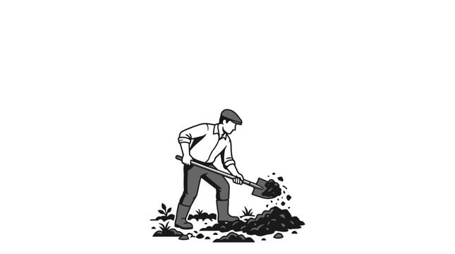A man wearing a cap and boots digging soil with a shovel.
