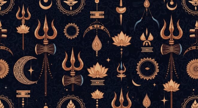 Dark Pattern with Trishul, Moon, and Lotus