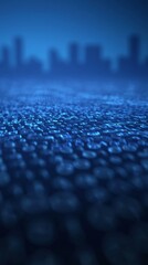 Fototapeta premium Abstract digital data stream flowing towards a blurred city skyline at night