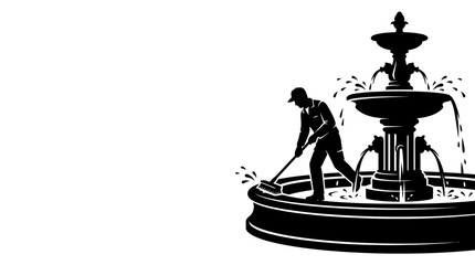 Fototapeta premium A silhouette illustration of a maintenance worker cleaning a decorative tiered water fountain.